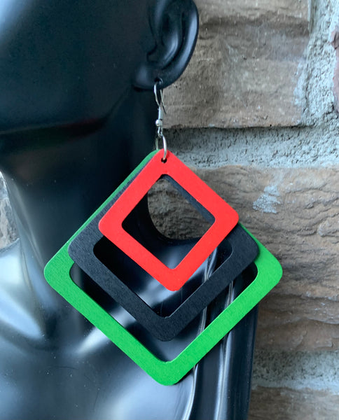 Red, Black & Green Geometric Wood Earrings