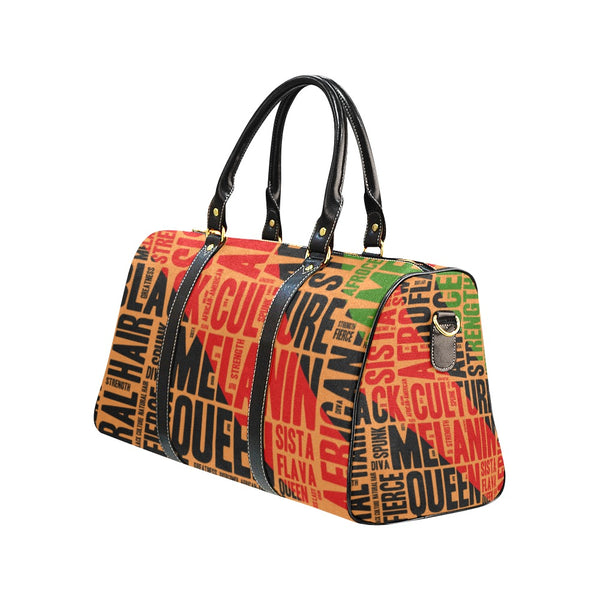 Melanin Queen Afrocentric Travel Bag, African American Culture Word Art Overnight/Weekender- Orange