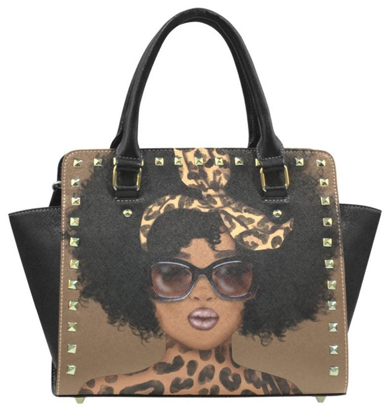 Afrocentric Leopard Chic Handbag, Melanin Queen Rivet Handbag, African-American Woman Purse, Animal Print