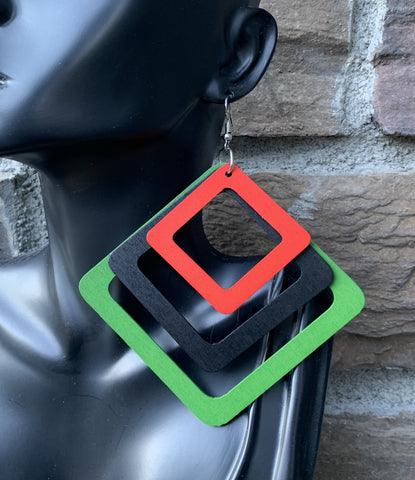 Red, Black & Green Geometric Wood Earrings
