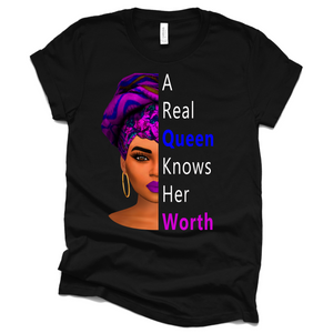 A Real Queen Knows Her Worth Afrocentric Melanin T-Shirt