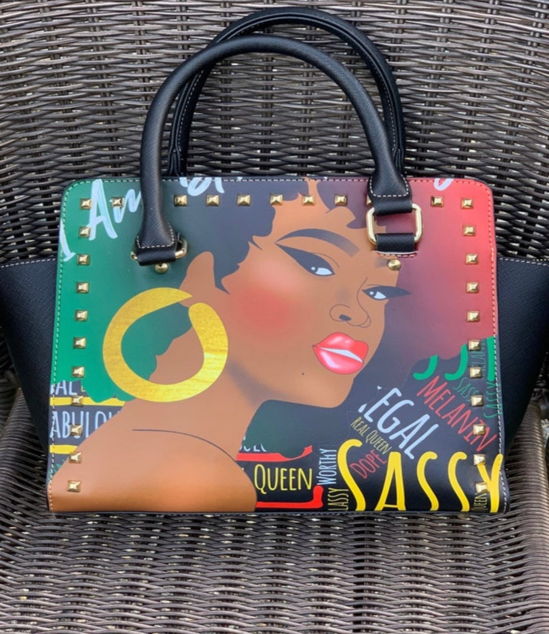 I AM Sassy Afrocentric Handbag,  Melanin Queen Rivet Handbag,  African-American Woman Purse