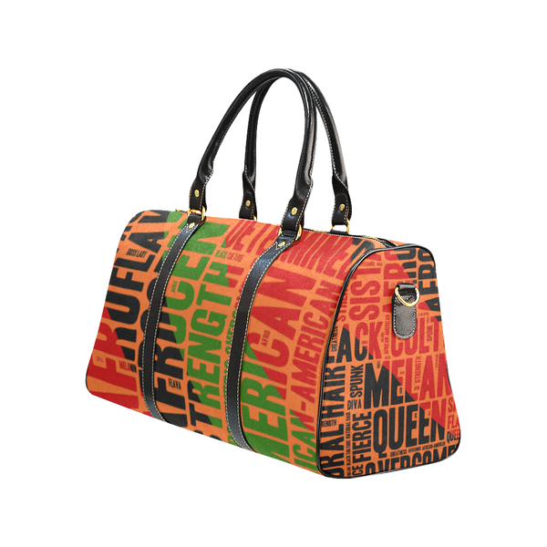 Melanin Queen Afrocentric Travel Bag, African American Culture Word Art Overnight/Weekender- Orange