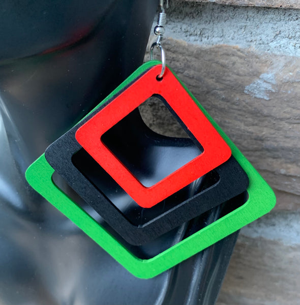Red, Black & Green Geometric Wood Earrings