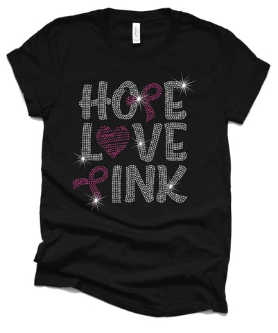 Rhinestone Breast Cancer Awareness T-Shirt, Hope Love Pink
