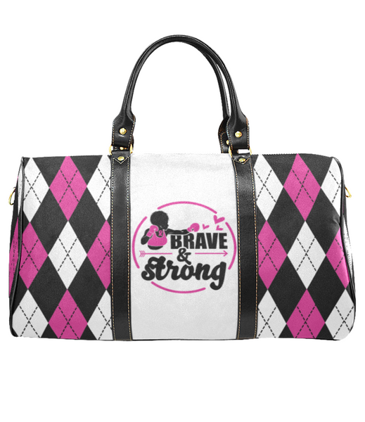 Brave and Strong Pink Argyle Breast Cancer Awareness Travel Bag
