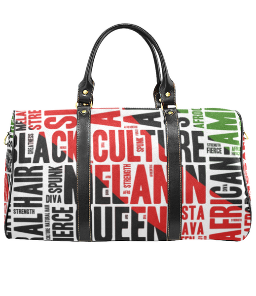 Melanin Queen Afrocentric Travel Bag, African American Culture Word Art Overnight/Weekender- White