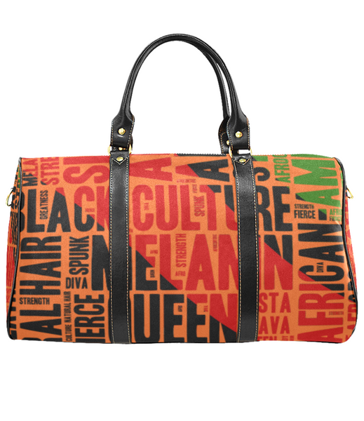 Melanin Queen Afrocentric Travel Bag, African American Culture Word Art Overnight/Weekender- Orange